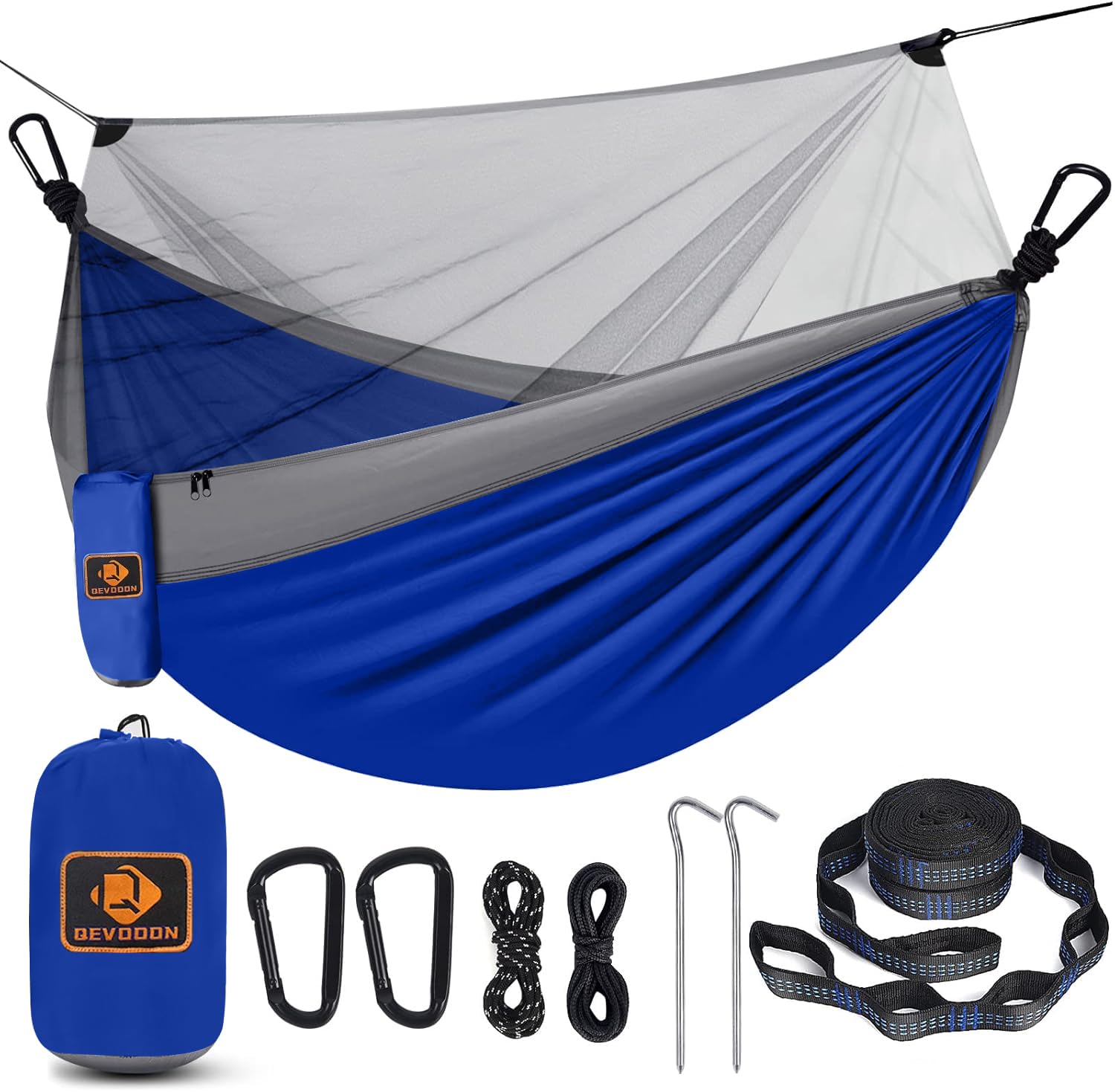 Camping Hammock with Net,Portable Lightweight Double Hammocks with Tree Straps and Solid D-Shape Hanging Hooks,Parachute Nylon Hammock for Backpacking Beach Backyard Patio Hiking Blue&amp;Grey