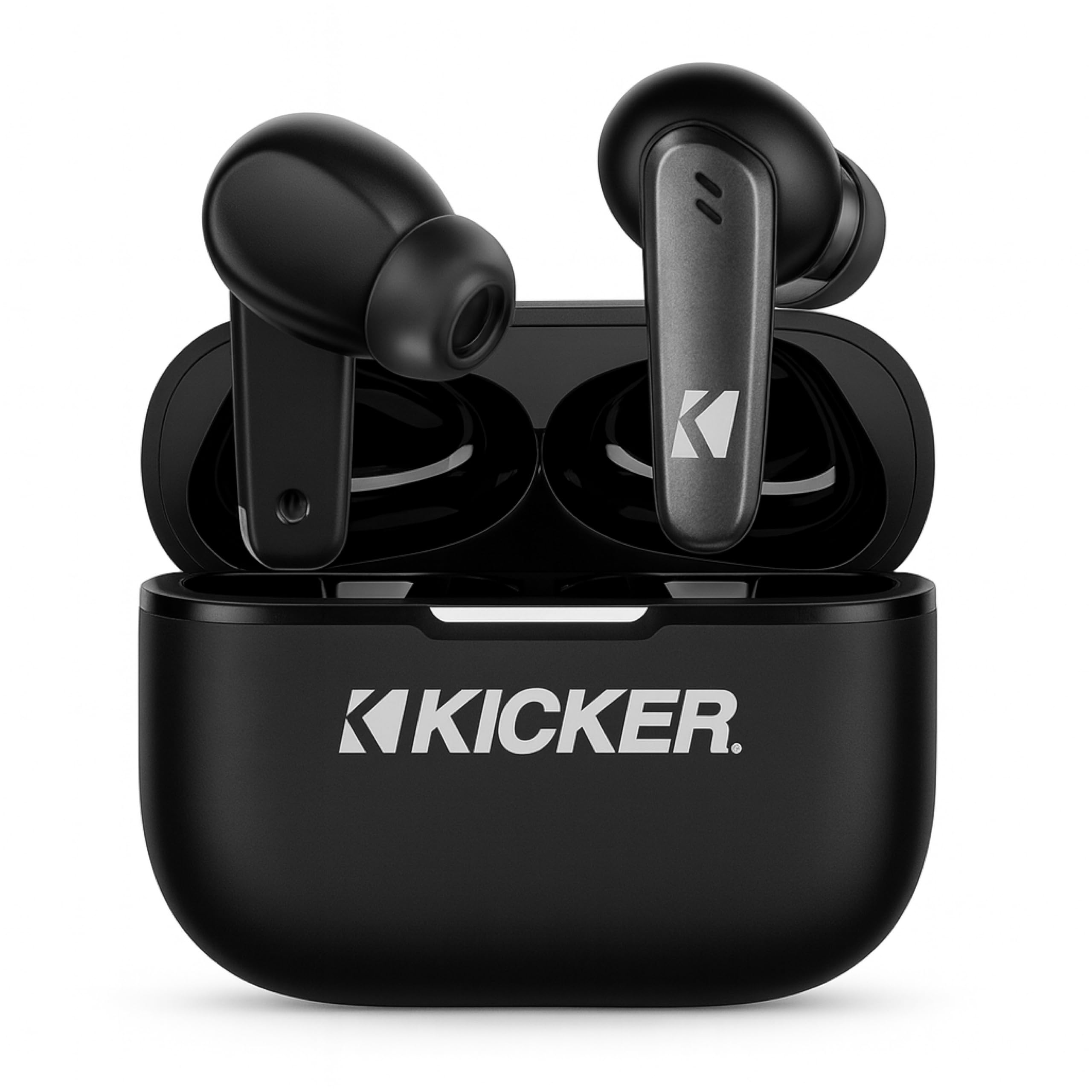 KICKER TW3 Wireless Earbuds in their charging case.