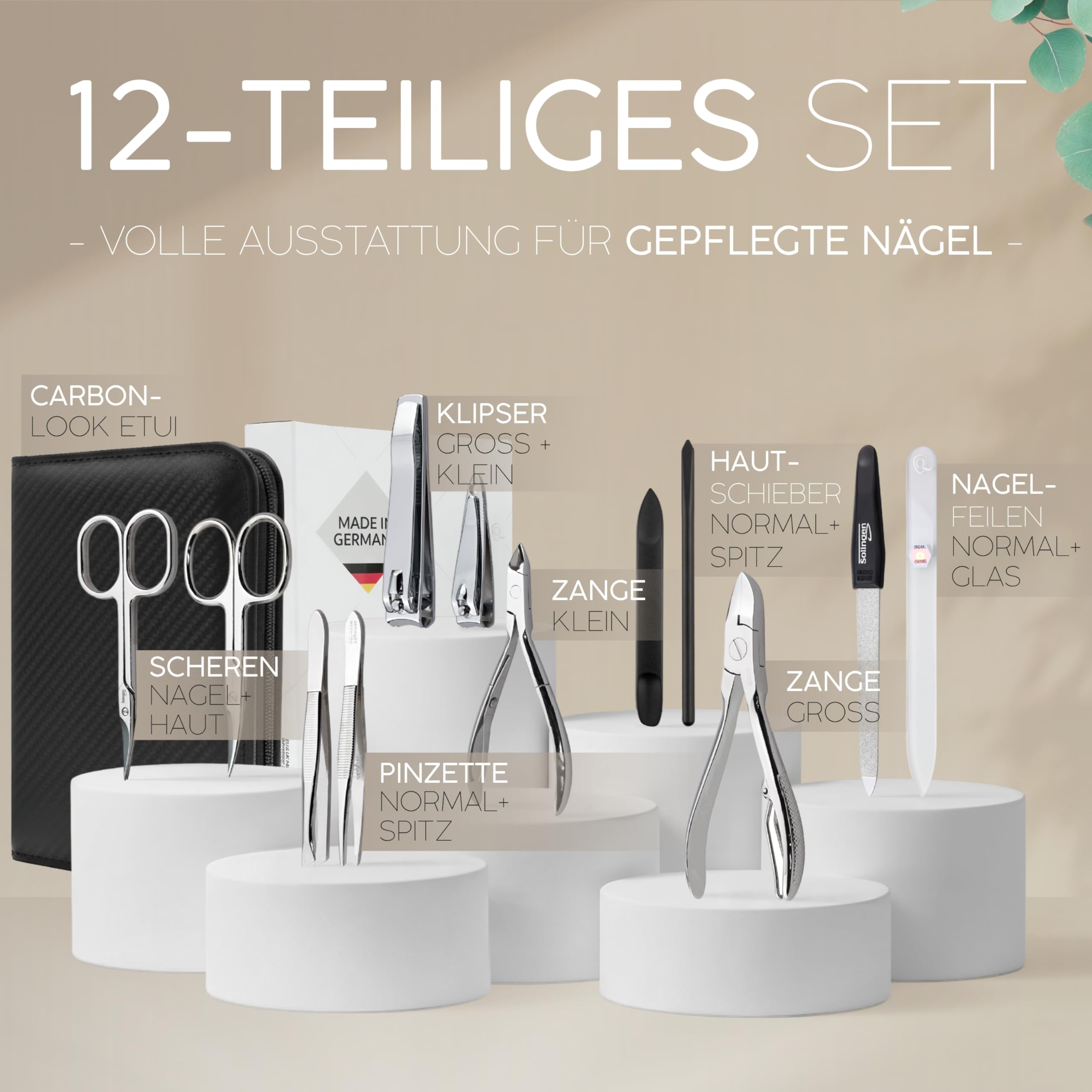 marQus Solingen Maniküre Set - 12 Teile in Kunstleder Etui handlich und weich - Komplett Kit mit allem für die Hand- und Fußpflege, Nagelset Carbon