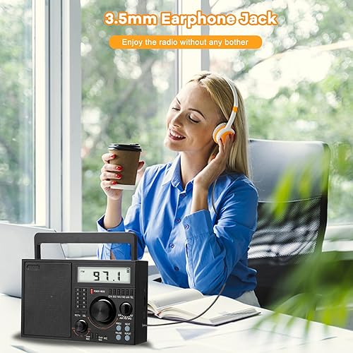 Miniatura 6 de Radio portátil AM FM SW con altavoz Bluetooth, pantalla LCD, hora, operado por baterías recargablesDenchufe de CA en pared, altavoz grande, conector