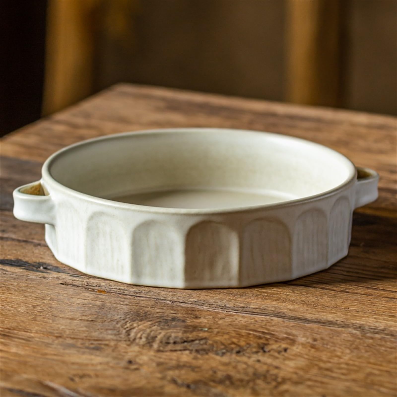 Plaque ronde à Surface coupée Double oreille, cuisson de poterie brute Vintage Pain(Blanc)