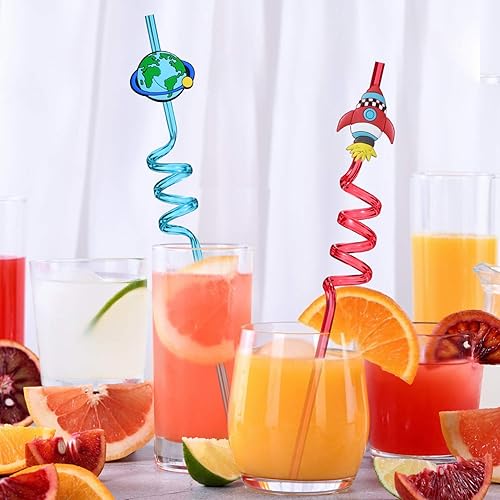 Miniatura 3 de Pajitas para el espacio exterior, regalos de fiesta temática de cumpleaños con 2 cepillos de limpieza, accesorios de planeta satélite de astronauta