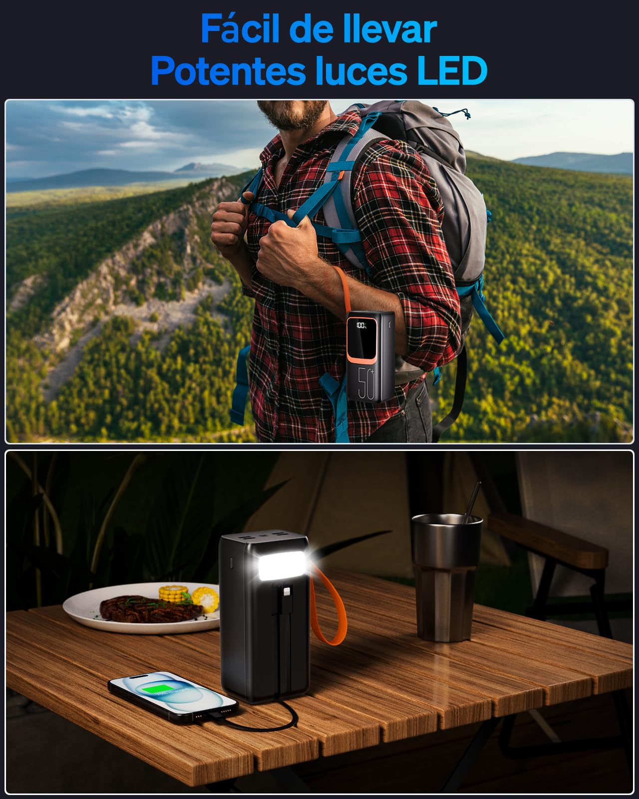Power Bank 50000mAh con Cable Incorporado: Batería Externa de Carga rápida de 22.5W con Gran Capacidad, Cargador portátil con Linterna LED y 7 Salidas y 3 entradas