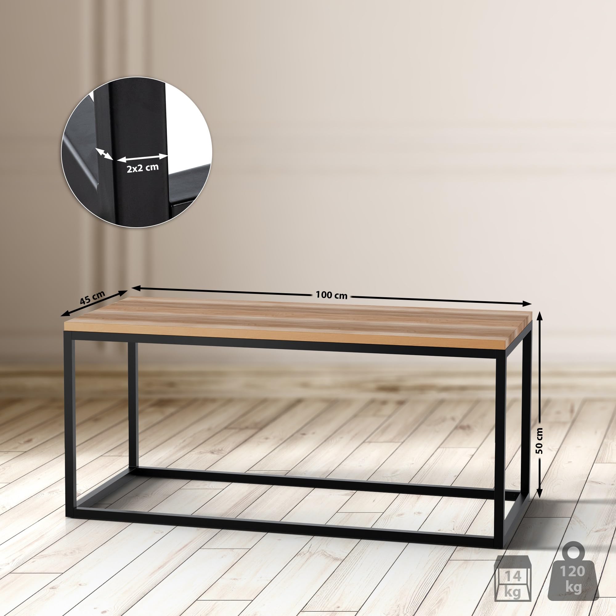 CLP Couchtisch Manteo aus Eichenholz, Sofatisch mit pulverbeschichtetem Metallgestell, Bodenschonern und modernem Design, Größe:100x45x50 cm