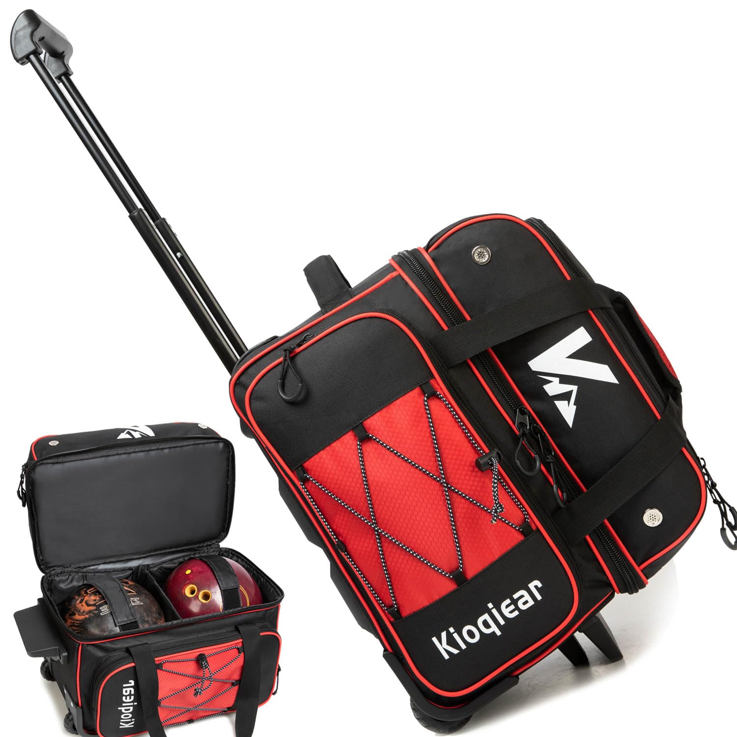 Kioqiear 2-Ball Bowling Bag with Wheel,Large Storage Pocket