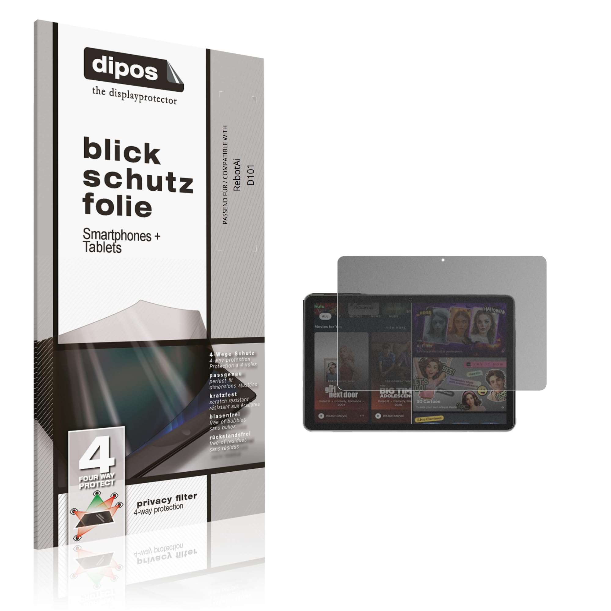 dipos Protector de Pantalla Antiespía para RebotAi D101 | Película protectora mate, filtro de privacidad 4 vías, ajuste perfecto, antiarañazos, sin burbujas, autoadhesivo