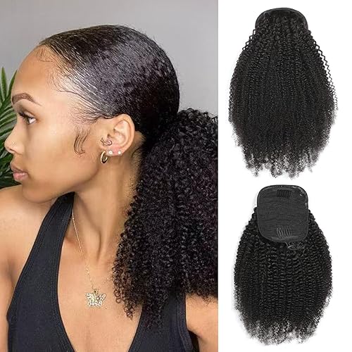 Cola de caballo afro con cordón de ajuste, cabello humano afro rizado 4C, cola de caballo con cordón para mujeres negras, extensión de cola de