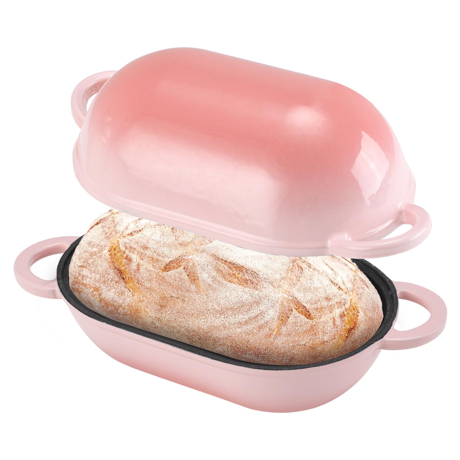 Gusseisen Brotbackform mit Deckel, 23 cm Emaille Gusseisen Topf Brot Backen, Bräter mit Deckel 2,75 L, Idealer Brottopf, Brotbacktopf, Backofengeeignet (Farbverlauf Rosa)