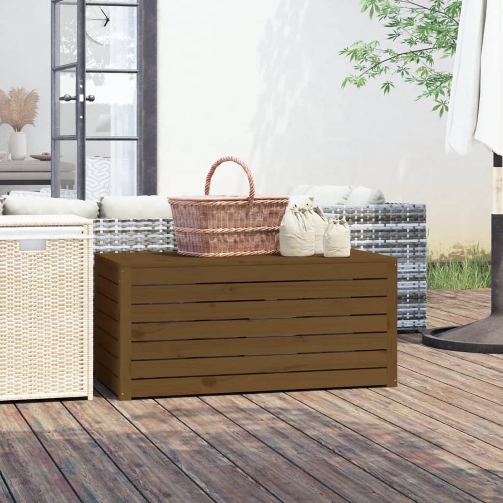 Baúl de jardín Madera Maciza Pino marrón Miel 101x50,5x46,5 cm, Arcon Exterior, Arcones para Patio, Baul Almacenamiento Exterior, Baúl para Terraza
