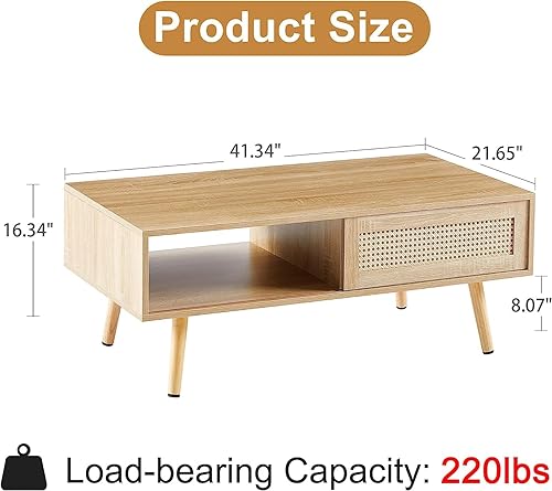 Miniatura 2 de Mesa de centro de ratán Morden de 41.34 pulgadas con puerta corrediza para almacenamiento, moderna mesa de centro rectangular de madera maciza para