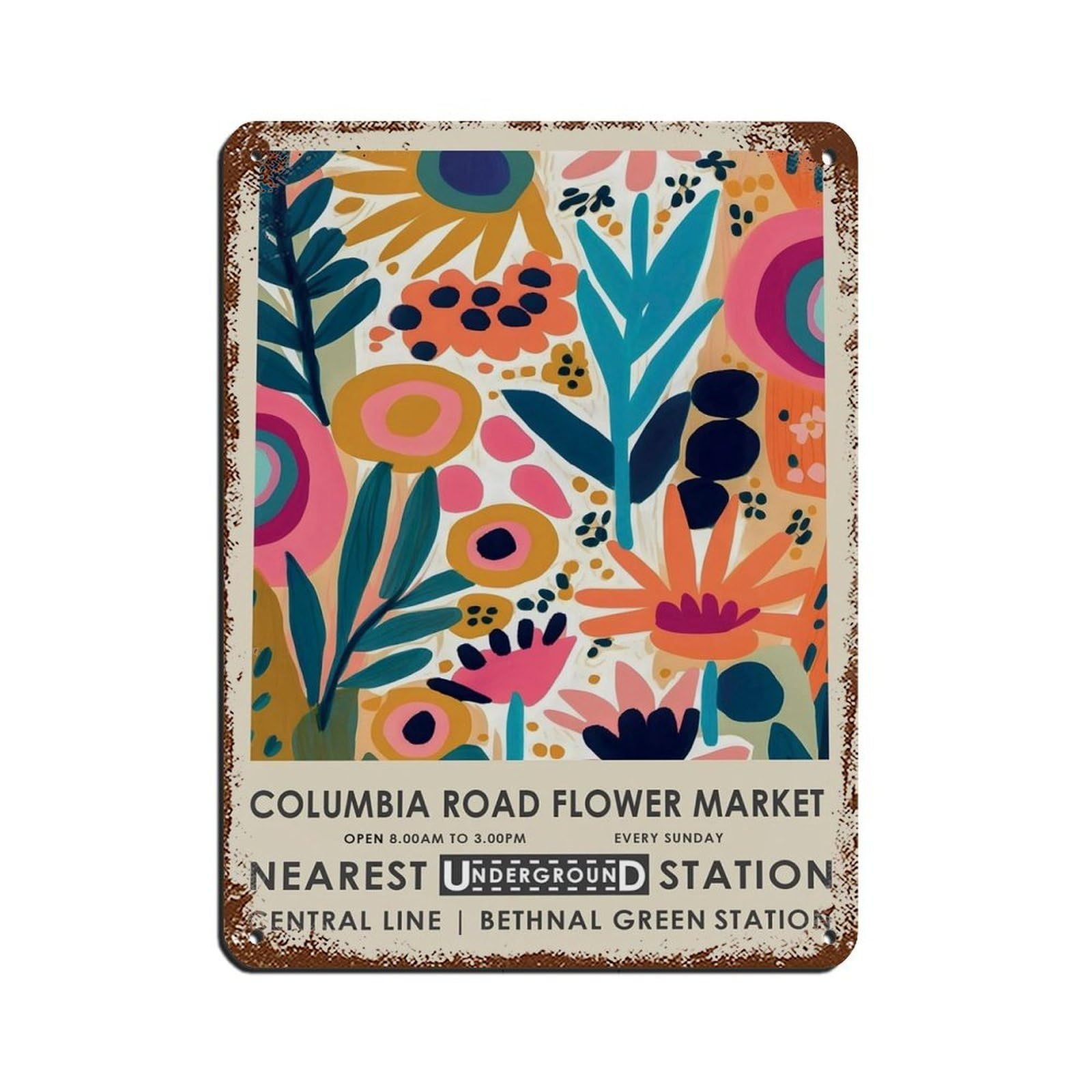 Columbia Road Flower Market, Colourful Floral Retro Poster Metal Tin Sign Chic Art Retro Iron Painting Bar People Cave Cafe Family Garage Poster Wall Decoration 12x16inch(30x40cm)