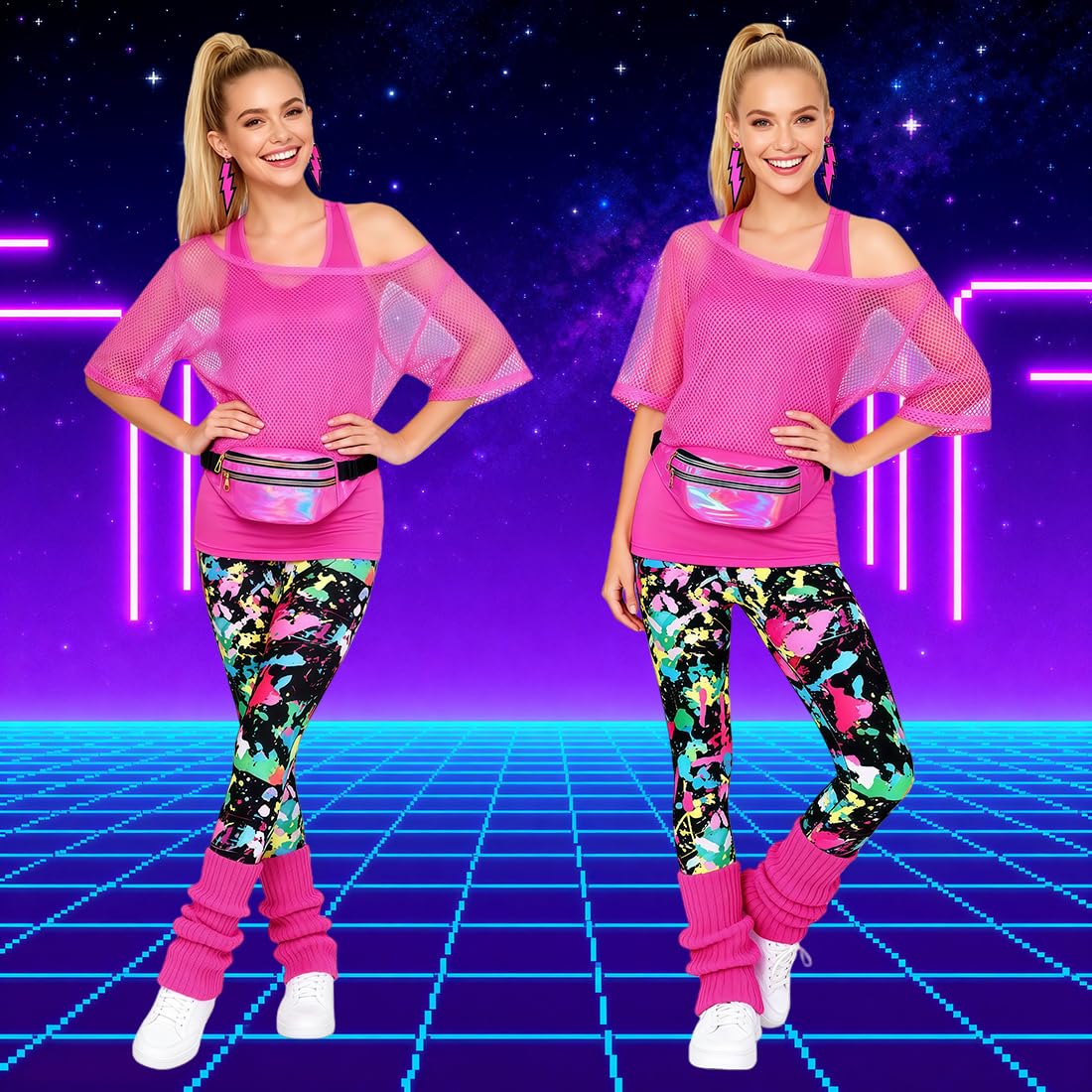 FOVER 80er 90er Jahre Outfit Damen Netzshirt, Tank top, Leggins, Netzhandschuhe, Bauchtasche, Haarband, Ohrring, Armband, Halskette, 80iger Kostüm Zubehör Neon Kleidung 80s Aerobic Bad Taste Outfit