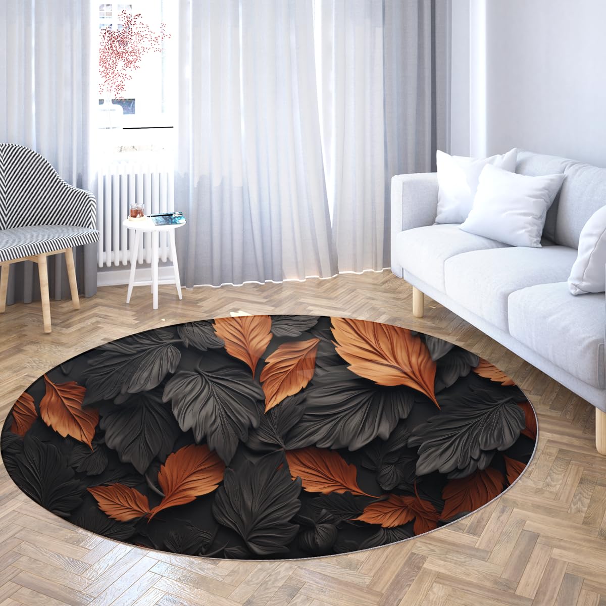 Brązowe czarne liście kwiatowe okrągłe dywaniki 180 cm - zmywalny okrągły dywan boho do sypialni nowoczesny botaniczny antypoślizgowy miękki dywan do pokoju dziecięcego