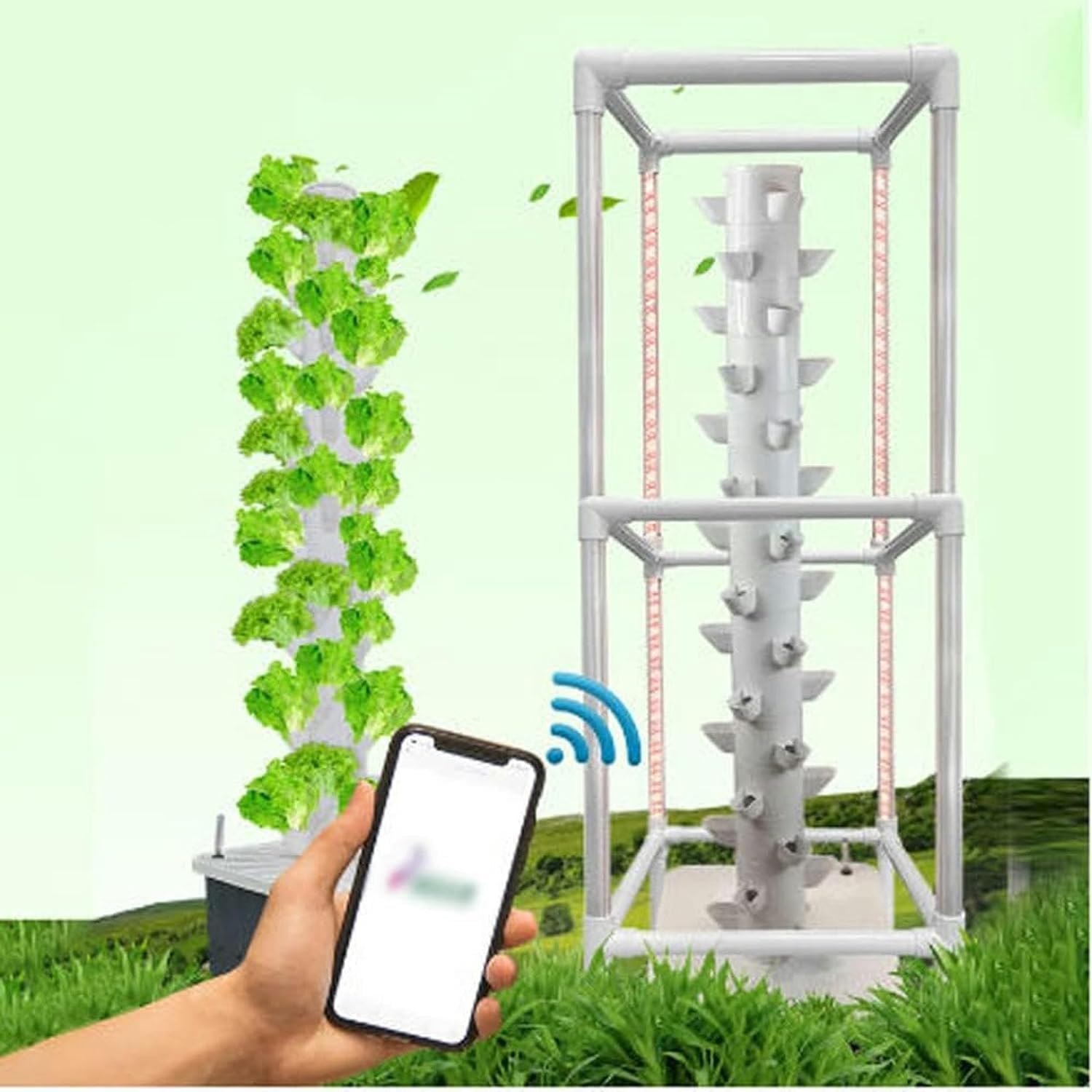 Sistema de Cultivo hidropónico en Torre, 15 Capas, 45 Agujeros, para Interior con luz LED, Torre de Cultivo Vertical con Bomba y depósito de Agua móvil, para Hierbas, Frutas y Verd