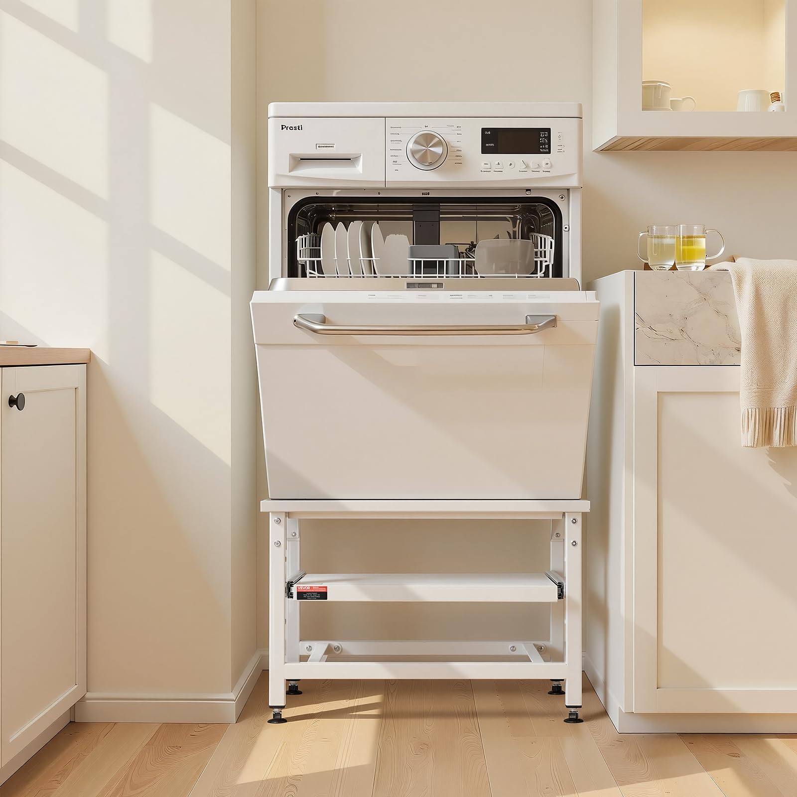VEVOR Soporte para Lavadora Alto de 430 mm, Base de Lavadora de Acero Resistente, Capacidad de Carga de 318 kg, Pedestal Universal para Secadora con Bandeja Extraíble, Patas Antideslizantes, Blanco