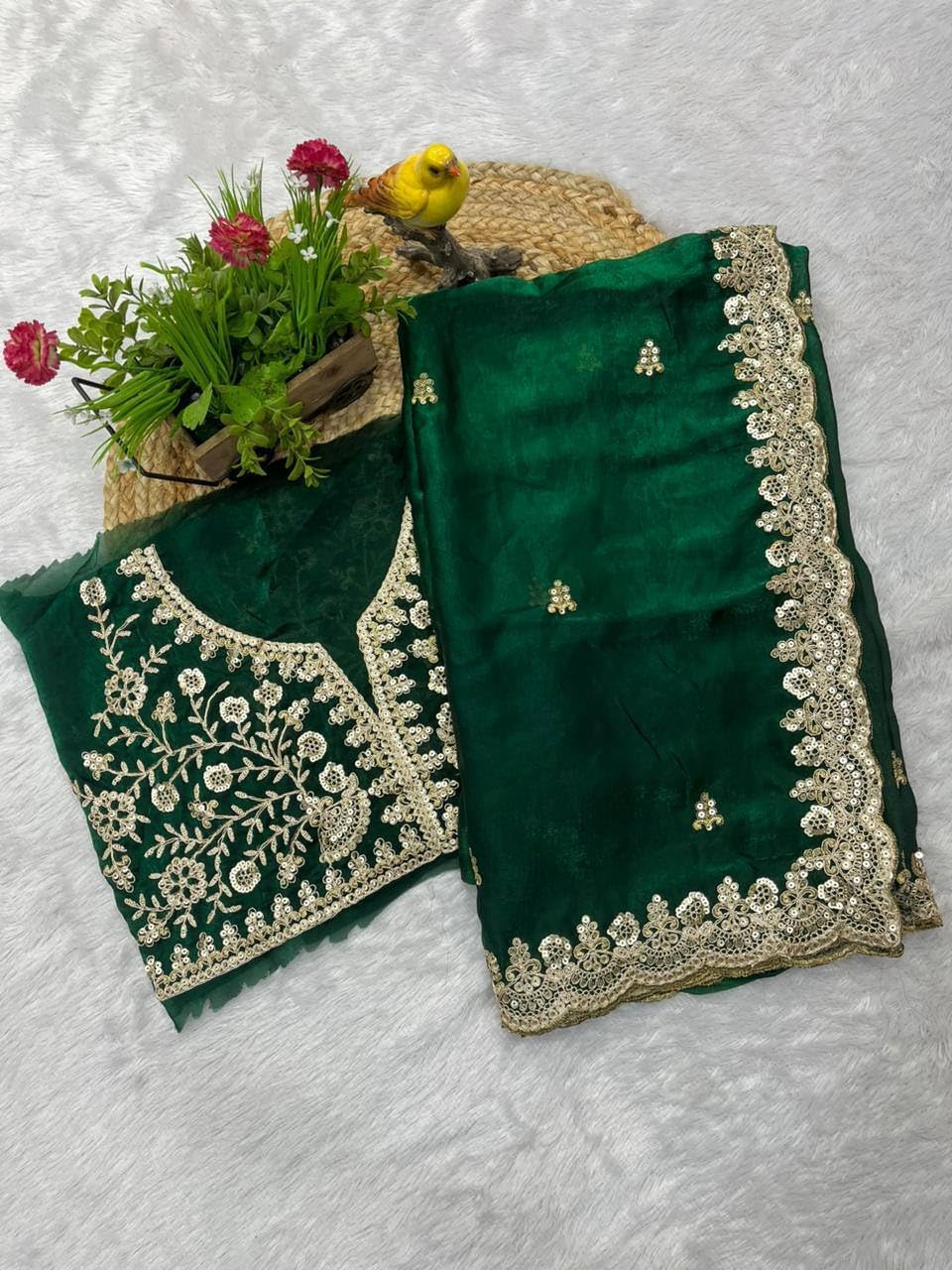 Indian Wedding Embroidered Silk Saree with Blouse, Gold Border, Bridal Wedding Wear