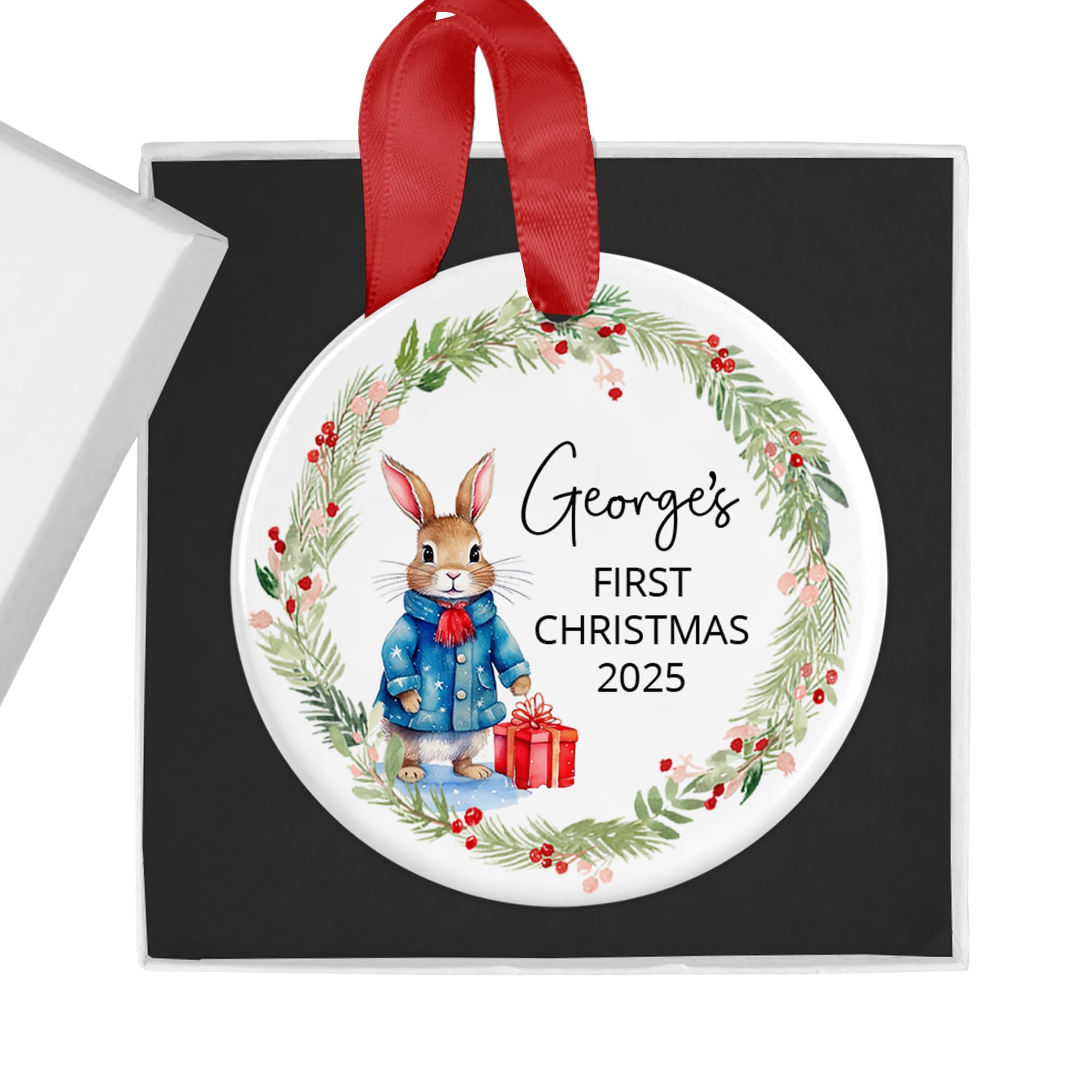 Personalised Baby's First Christmas Bauble Ornament with Gift Box - 1st Xmas Keepsake 2025 - Choice of Rabbit Colour - Ideal for New Baby Boy โ image 1