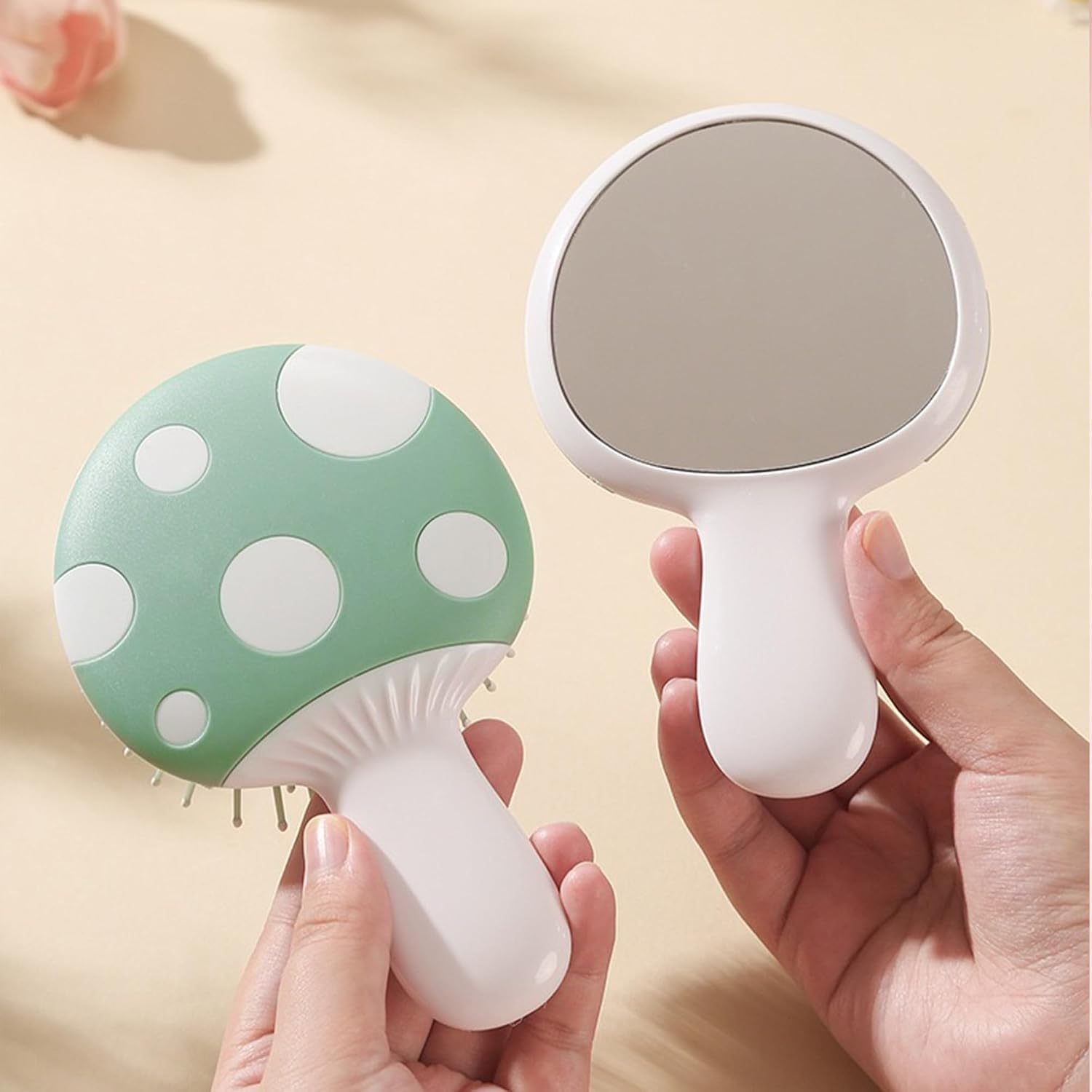 Mini Hair Brush,2 Pieces Mushroom Shaped Mini Hair Brush Handheld Mirror Set Small Cute Detangling Travel Brush and Makeup Mirror Sets For Women Girls Gifts Massage HairBrush with Air Cushion (Green) image 5