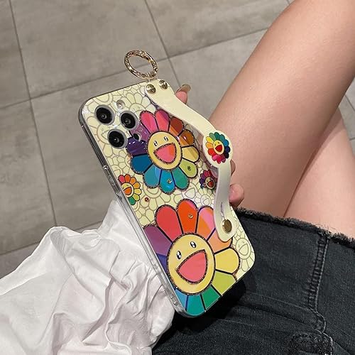 Miniatura 5 de Funda para iPhone 15 Pro linda con correa de muñeca con función atril y purpurina de dibujos animados IMD de silicona TPU a prueba de golpes para