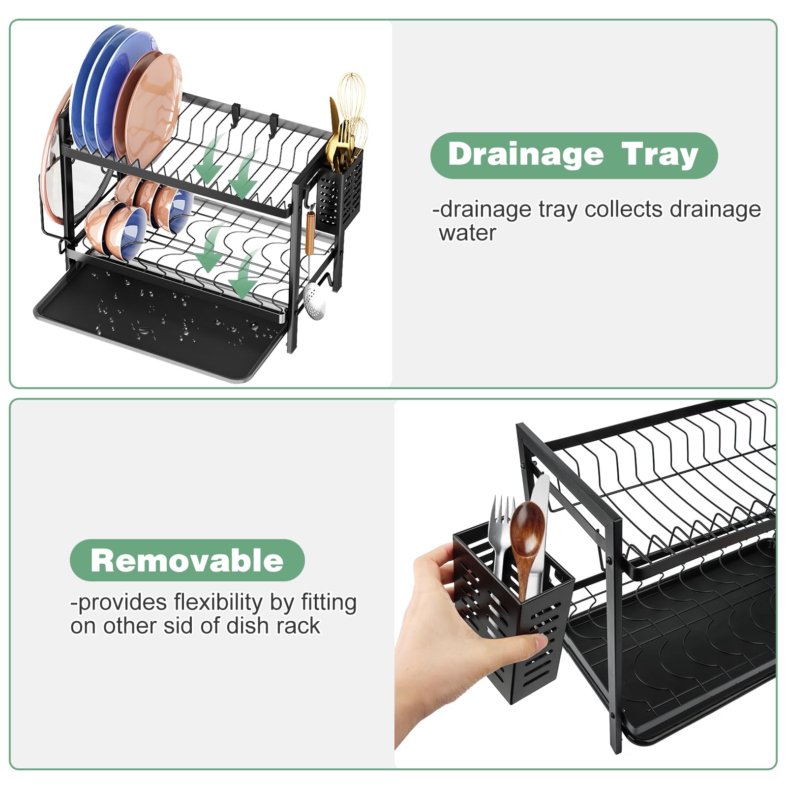 MXTIMWAN Escurridor de Platos, Escurreplatos Acero Inoxidable Cocina, Escurre Platos Armarios, 2 Niveles Escurridor Fregadero de Platos con Soporte para Tabla de Cortar et Bandejas de Goteo, Negro