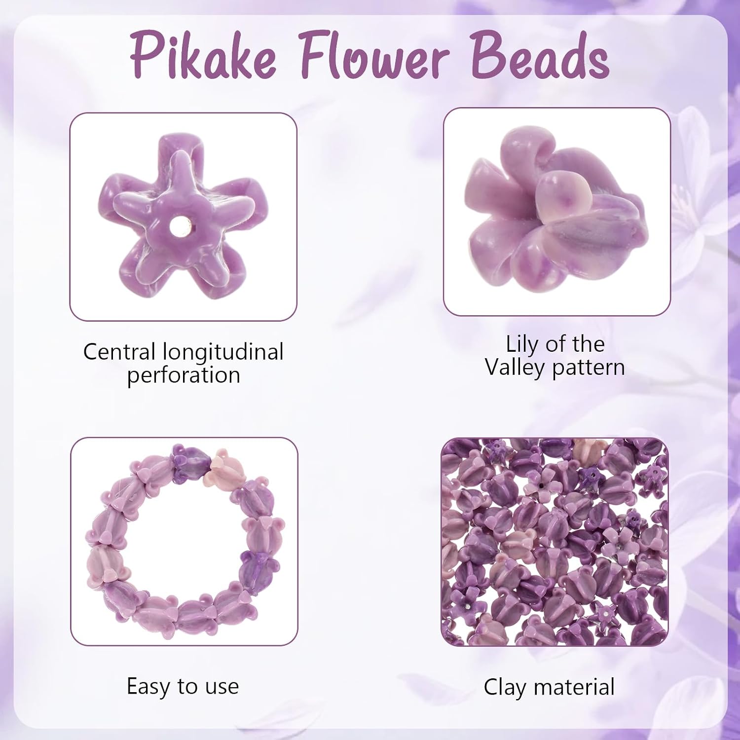 100 Pcs Artificial Crown Flower Beads, Coral Flower Shell Beads, Pikake Flower Bead for Hawaiian Crown Garland Lei Making, Necklace Bracelet Supplies (Purple & Gradient Purple, Lily of the Valley)