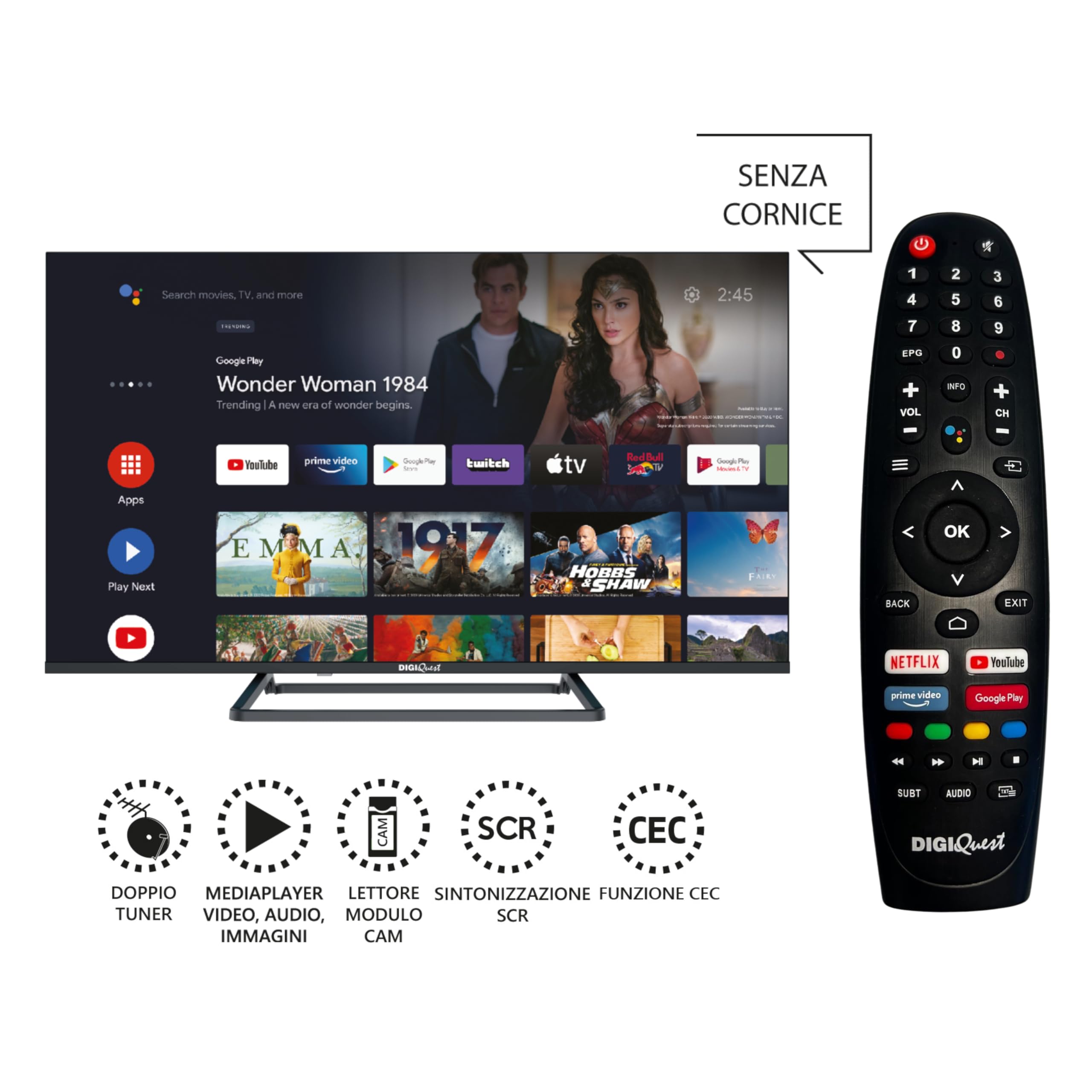 DIGIQUEST Smart TV 40", bezramowy, Full HD, Android Google TV, Wi-Fi, LCN Tivùsat, podwójny tuner, Mediaplayer, funkcja CEC, centralna podstawa, czarny [klasa efektywności energetycznej E]