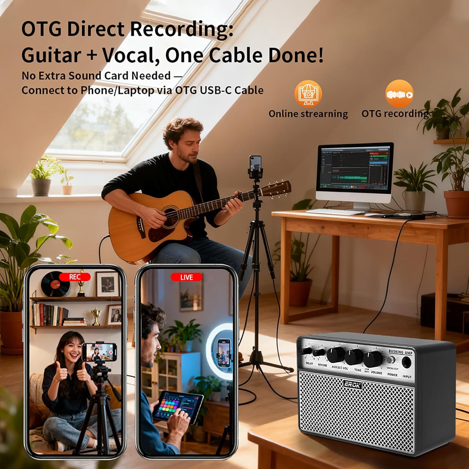 EROK Acoustic Guitar Amp - Portable 2-in-1 Amplifier for Vocal & Guitar with Digital Delay/Reverb Effects, Headphone Output & OTG Recording, Mini Amp for Practice/Travel - Image 4