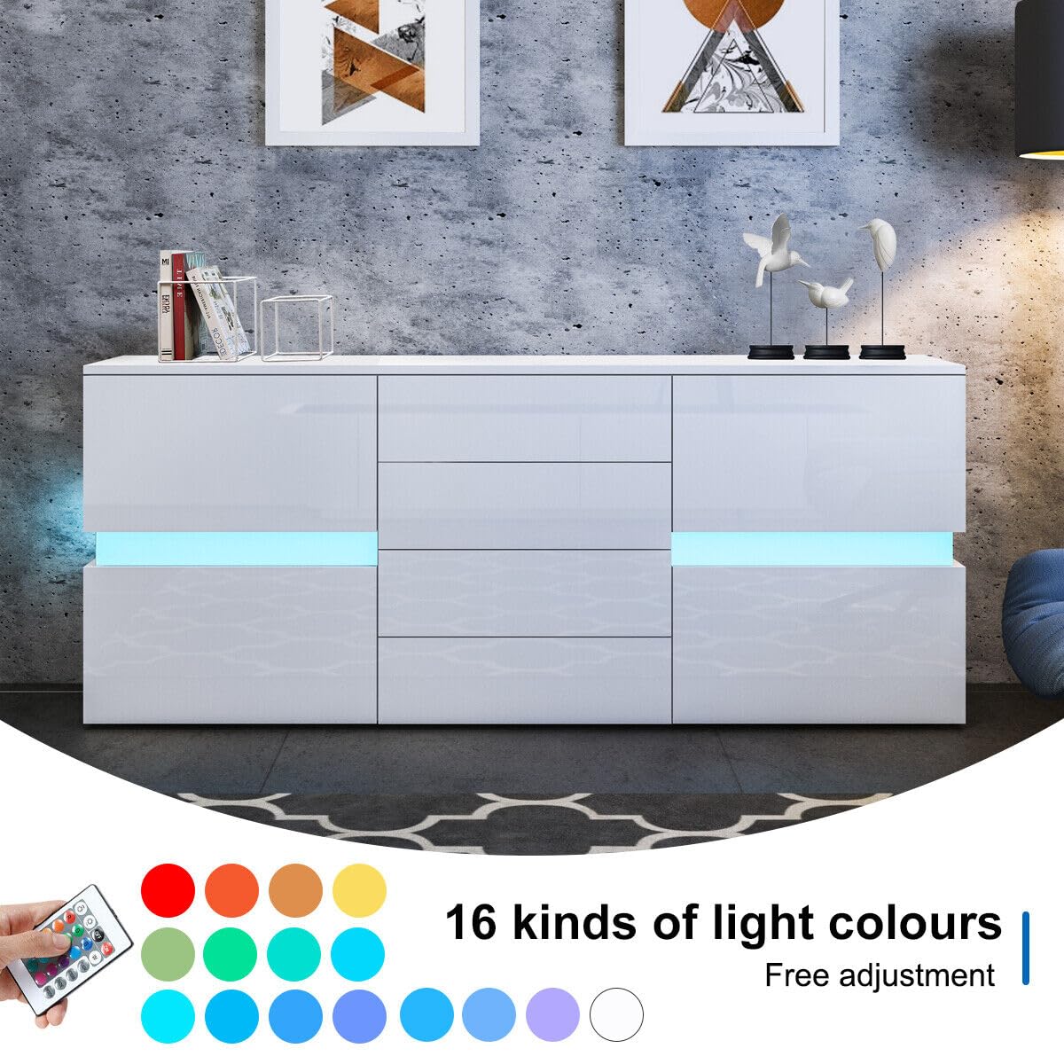 Modernes LED Sideboard Hochglanz Front TV Lowboard Aufbewahrungsschrank mit 2 Türen und 4 Schubladen Küchenschrank für Wohnzimmer Esszimmer Weiß 177 x 35 x 72cm