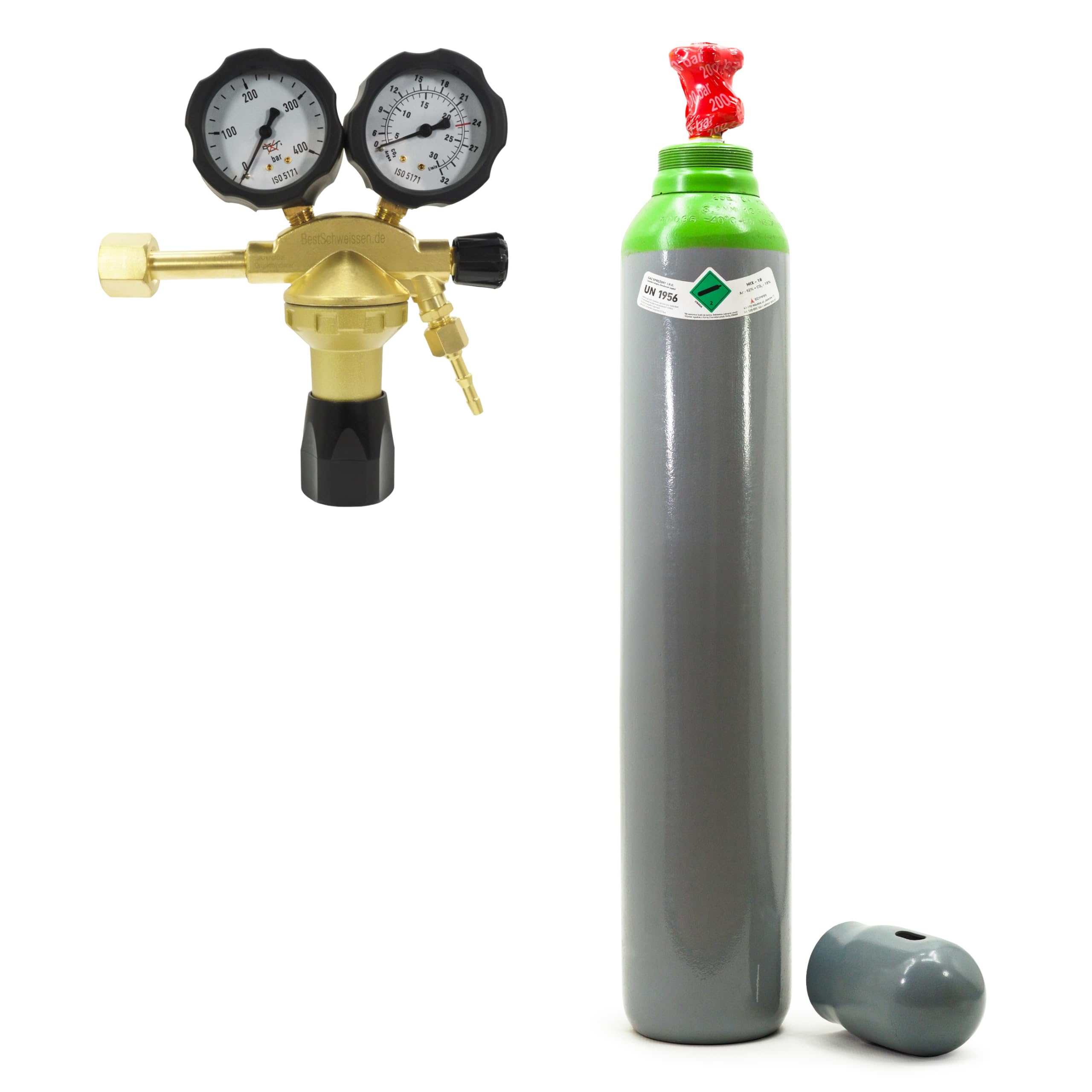 Argon Gasflasche Schutzgasflasche Argon 10L MIX Ar/CO2 mit Druckminderer Argon - Gefüllte Schutzgasflasche 200 Bar + Druckminderer Ar/CO2 Typ GCE 24 l/min BestSchweissen.de für TIG MIG MAG Schweißen