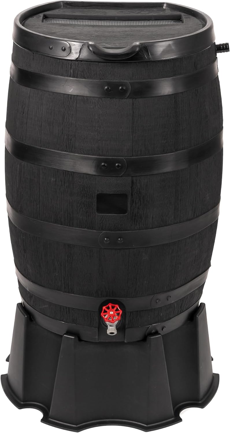 RTS Home Accents Premium 55-Gallon Eco Rain Barrel with Removable Lid, Flat Back Rain Water Collection Barrel, Made with 100% Recycled Plastic, Stand Included, Black