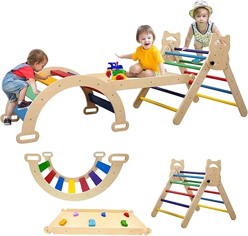 Juego de triángulos Pikler 3 en 1, triángulo de escalada Montessori con rampa y arco con tobogán, juego de aprendizaje para gimnasio para interiores