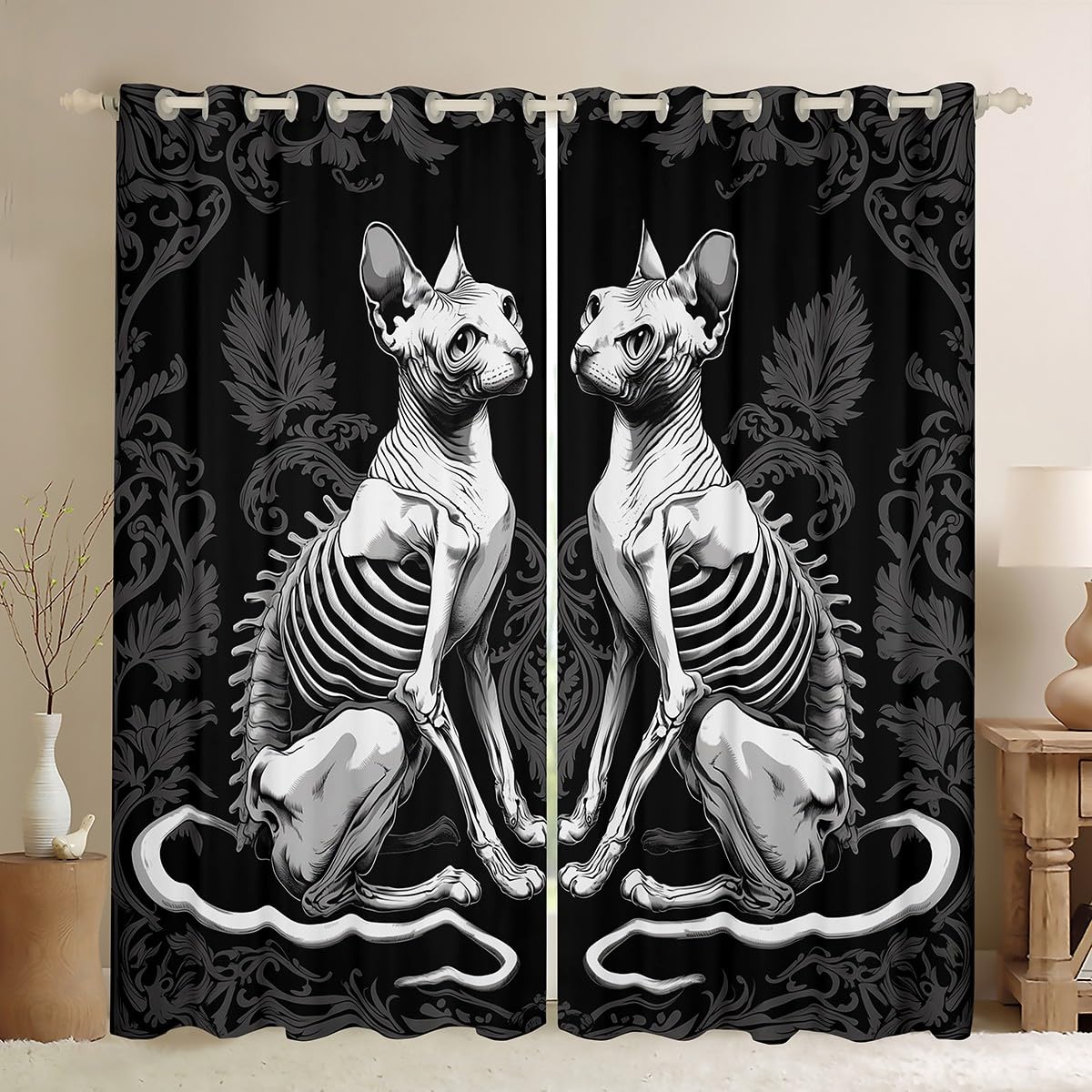 Homewish Zasłony okienne na Halloween, 117 x 183 cm, 2 panele – gotyckie zasłony zaciemniające z czaszką, czarne zasłony okienne, vintage, gotycka dekoracja do sypialni