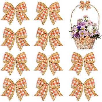 ABTOLS 10pcs Fall Wreath Bows, Orange White Buffalo Plaid Bows for Wreath Autumn Burlap Bows for Front Door, Vintage Farmhouse Tree Bows for Thanksgiving Holiday Indoor Outdoor Decor