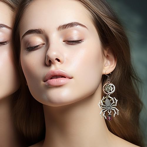 Vista 7 de Regalos para amantes del terror, accesorios de terror, aretes colgantes de araña de mariquita, joyería gótica para fanáticos de películas de terror