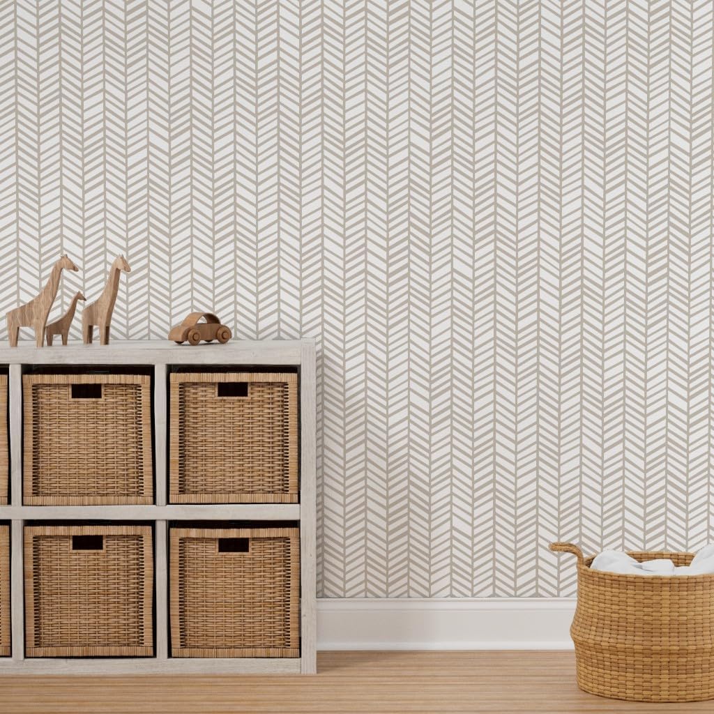 Peel & Stick Wallpaper 3ft x 2ft - Herringbone Neutral Beige Taupe White Zigzag Geometric Modern Nordic Custom Removable Wallpaper by Spoonflower