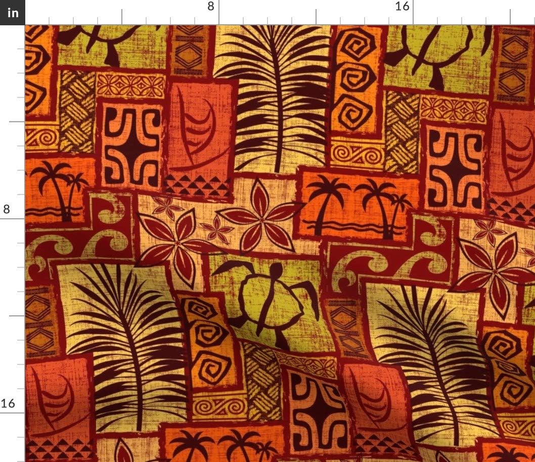 Spoonflower Fabric - Red Hawaiian Tiki Tropical Polynesian Turtle Floral Waves Palm Leaves Printed on Petal Signature Cotton Fabric by The Yard - Sewing Quilting Apparel Crafts Decor