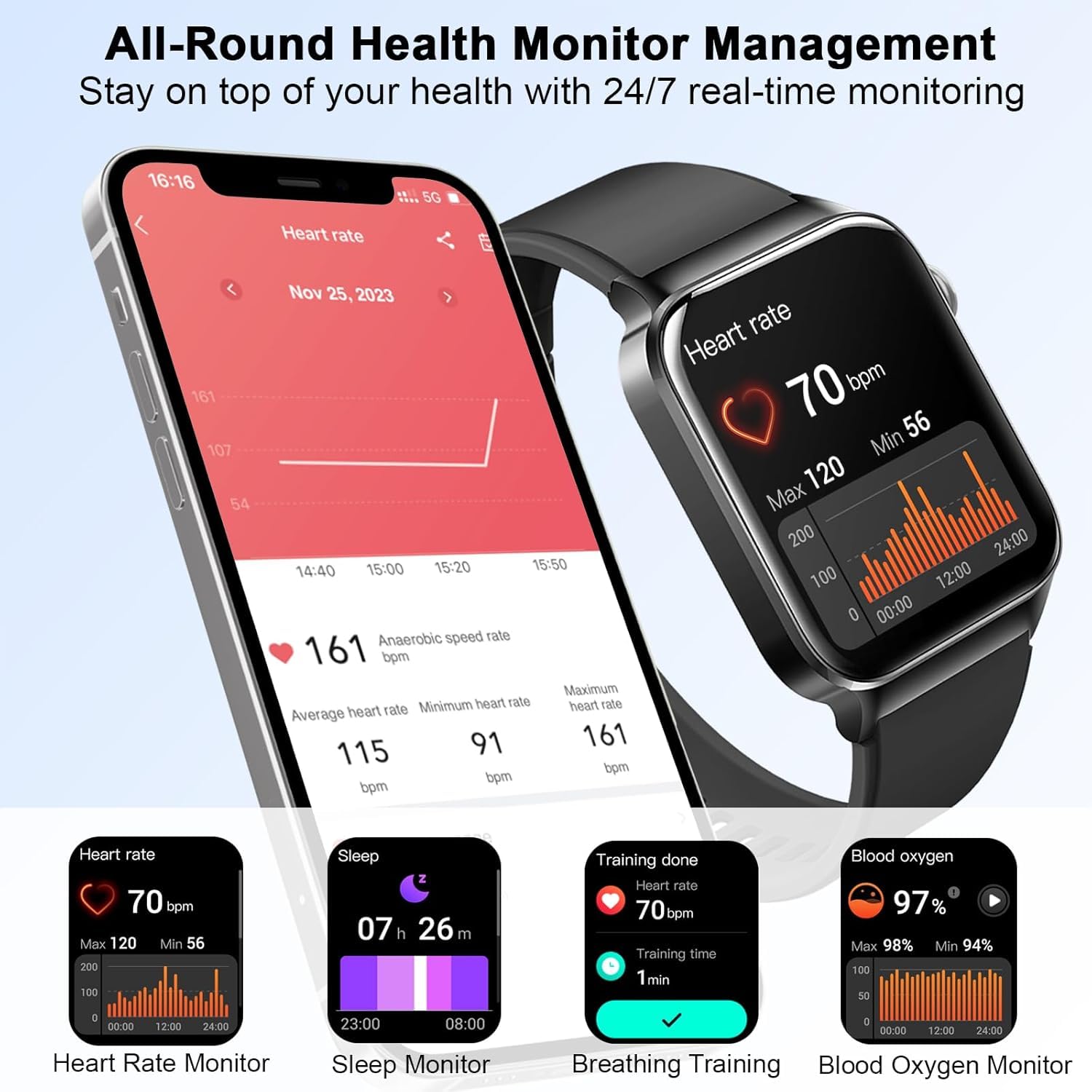 Smartwatch Donna Uomo con Effettua/Risposta Chiamate, 1.85" Orologio Fitness Smart Watch con Contapassi/Cardiofrequenzimetro/Cronometro, 113 Sportivo, Impermeabil IP68 Fitness Tracker per Android iOS