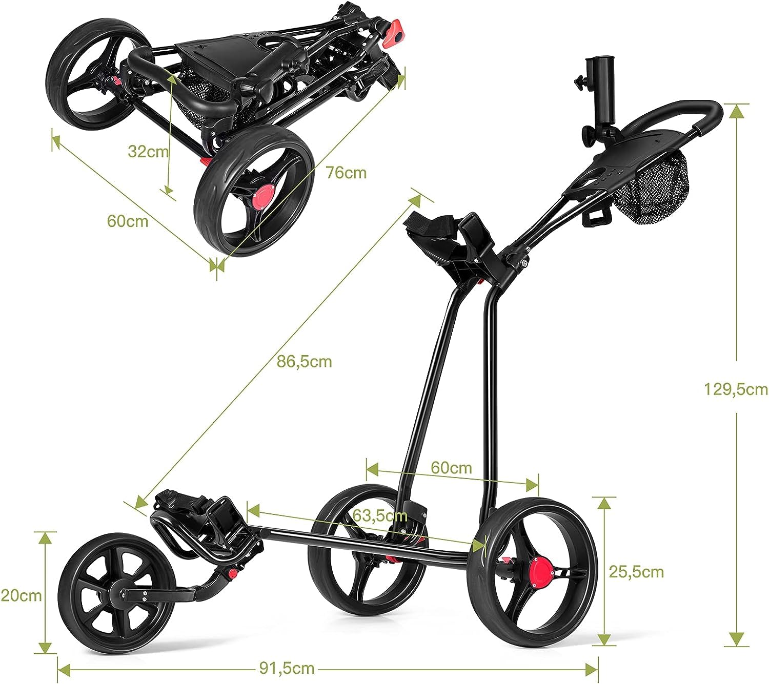 GYMAX Carro de Golf Plegable, 3 Ruedas, Red de Malla, Soporte Paraguas, Hierro, Negro