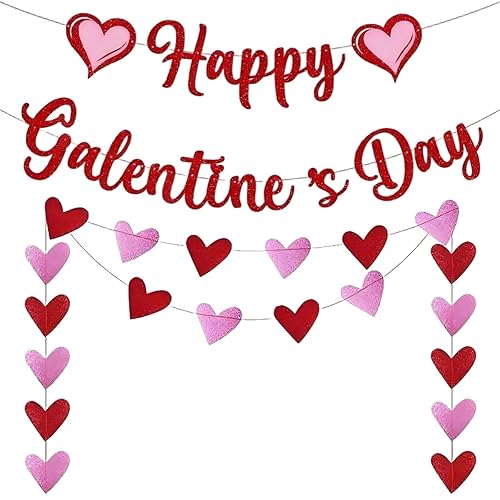 Glitter Happy Galentine's Day Banner with Glitter Heart Garlands -