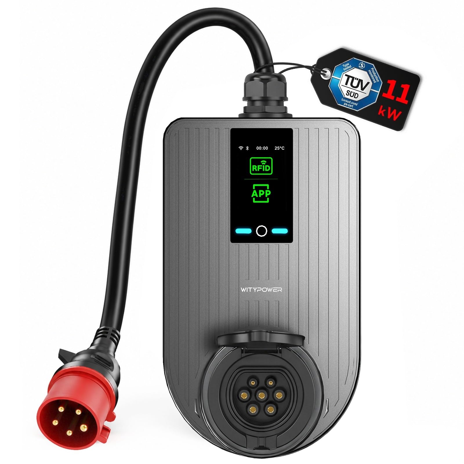 WityPower Mobile Wallbox 11kW mit APP & RFID CEE Stecker 16A & Typ 2 Socket | EV Ladegerät 6-16A 3-Phasig 400V Einstellbarer WLAN LCD Display RCD Typ B IP55 Ladestation 11kW für Stationär & Tragbares