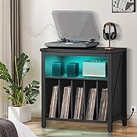 Vista 7 de Large Record Player Stand with Charging Station & LED Lights, Black Vinyl Record Storage Holder Holds up to 230 Albums, Turntable Stand with Display