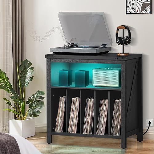 Miniatura 8 de Soporte grande para tocadiscos con estación de carga y luces LED, soporte de almacenamiento de discos de vinilo negro con capacidad para hasta 230