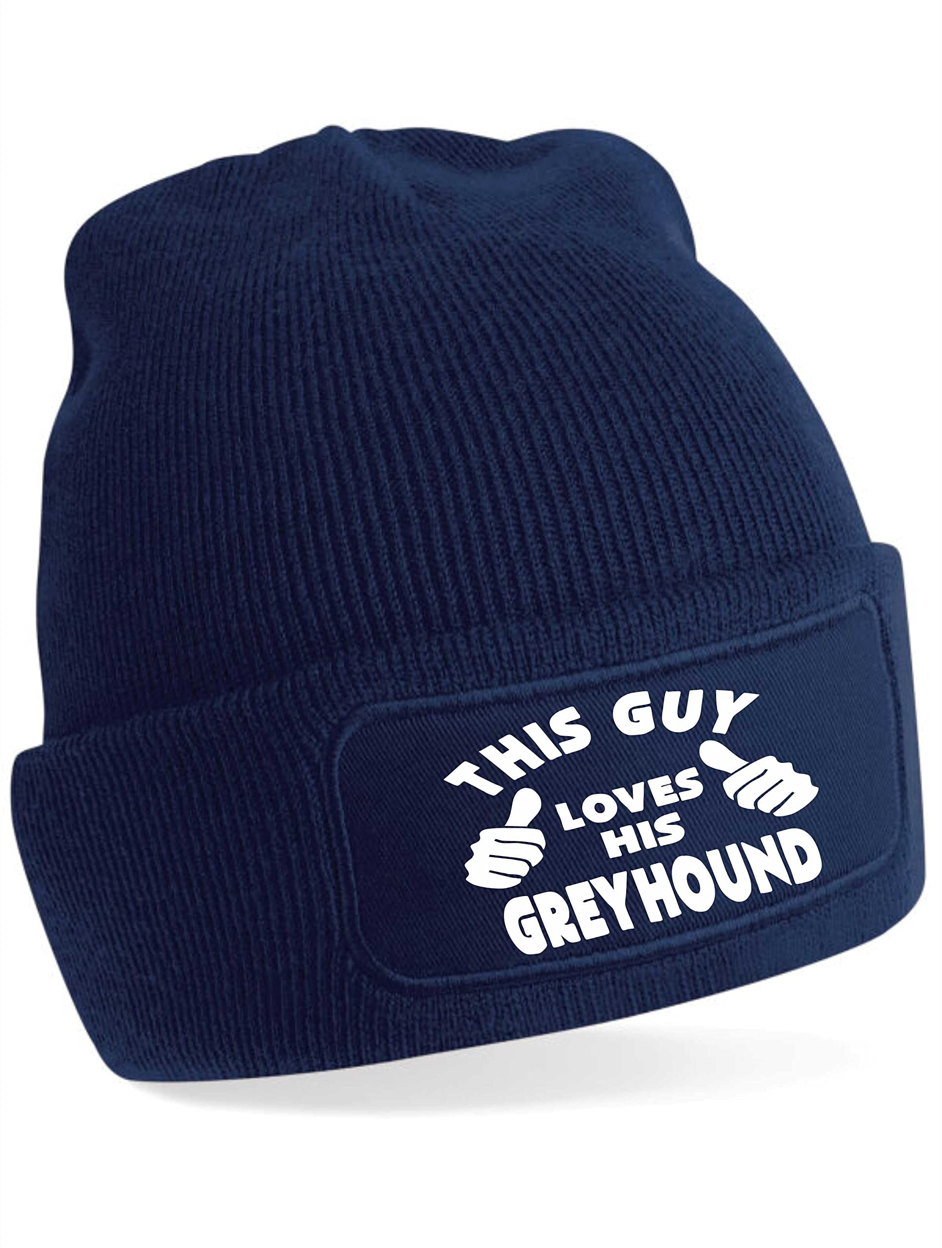 Print4U This Guy Loves His Greyhound Beanie Hat Funny Dog Lovers Gift for Men Blue