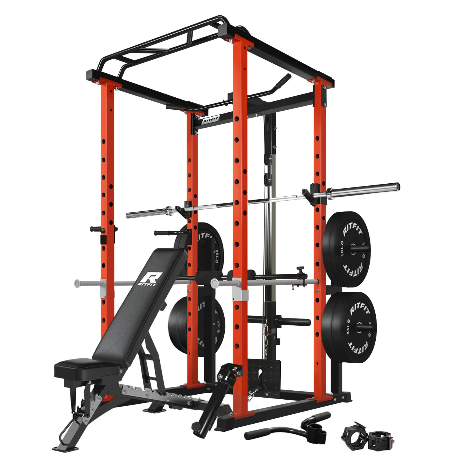 RitFit Squat Rack Power Cage Home Gym Package, Includes 1000LBS Power Rack with Cable Crossover System, Weight Bench, Weight Plate Set with Olympic Barbell (PPC02 Package 1.6K (CLF BP 230LBS))-Orange