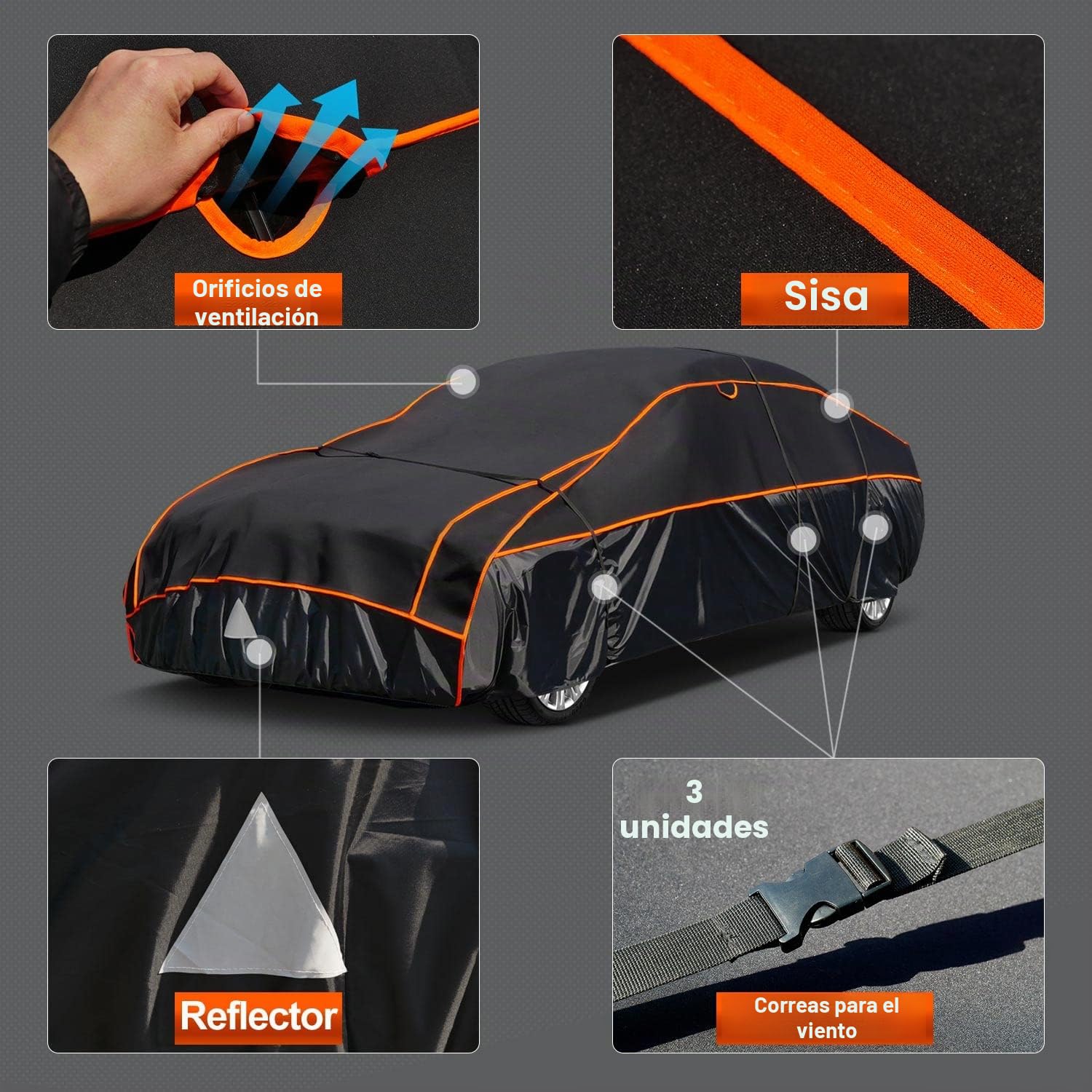 Funda Coche Antigranizo, Kayme Cubre Coches Exterior Impermeable Transpirable Antipolvo Anti-UV, Funda Repelente Cubierta para Coche con Tira Reflectante para Sedán (450 a 475 cm) 3L Negro