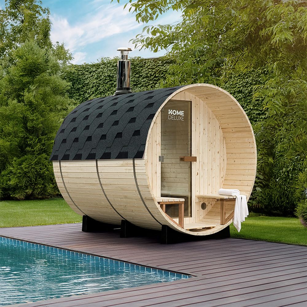 Home Deluxe Fasssauna mit Holzofen LAGOM DELUXE - Maße: ca. 210 cm x 240 cm I Fasssauna Holzofen, Fasssauna kaufen, Garten Sauna, Außensauna Holzofen, Outdoor Sauna, traditionelle Fasssauna, finnische