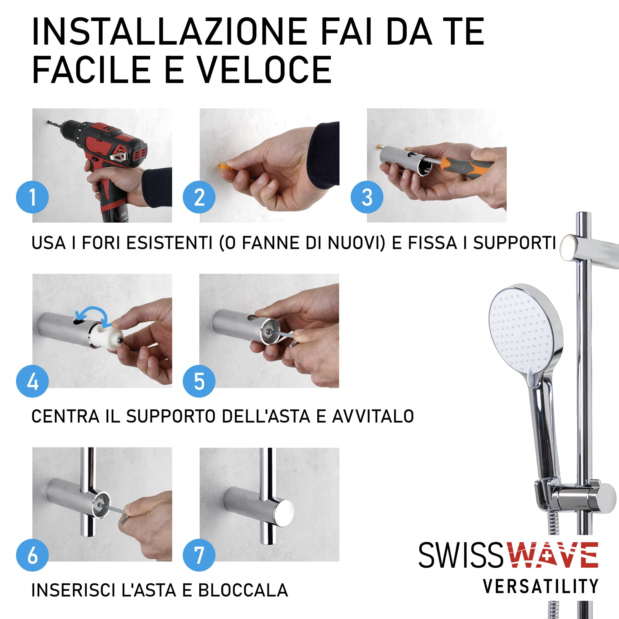 SwissWave - Barra de ducha Reno - Barra de acero inoxidable y soportes de ABS - Diseño moderno de ducha de mano - Fijaciones de pared ajustables para una fácil instalación - Cromado