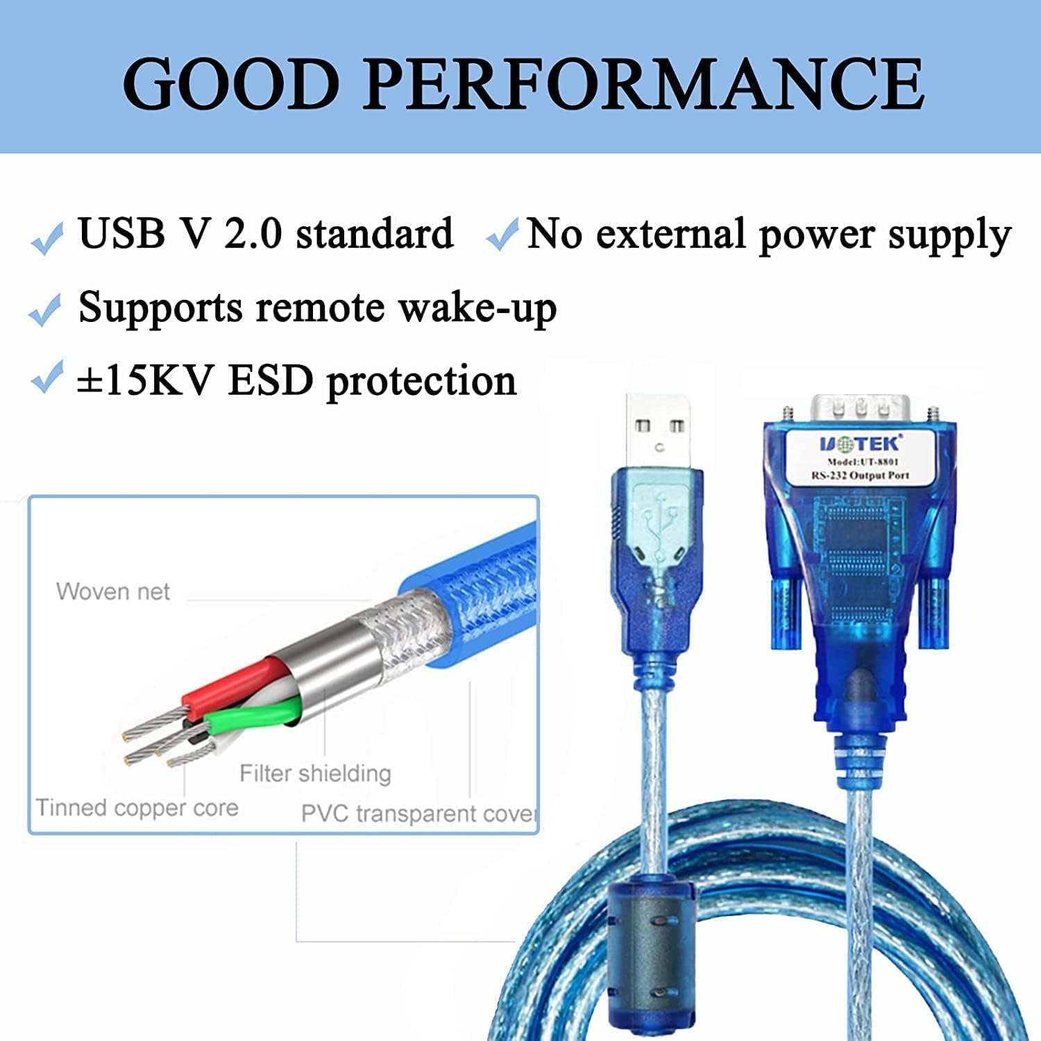UTEK UT-8801 1.5M Lunghezza USB a RS-232 Convertitore ver2.0 (1-Port USB a RS-232 Serial Converter con protezione ESD)