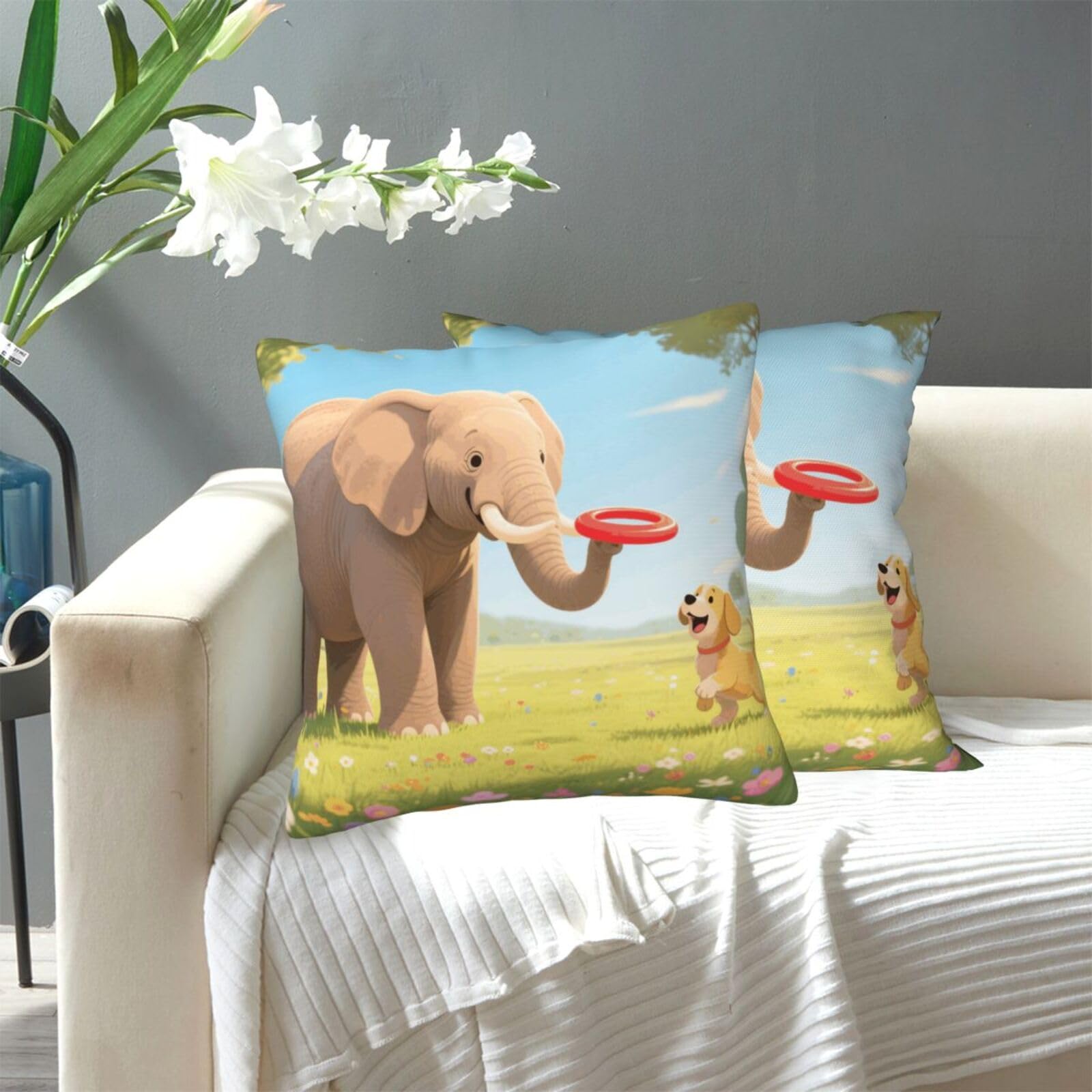 FekiLoot Decorative Throw Pillow Covers Modern Farmhouse Pillowcase Double Sided Cozy Cushion Cover for Sofa Couch Bed 20"X20" Elephant and Dog