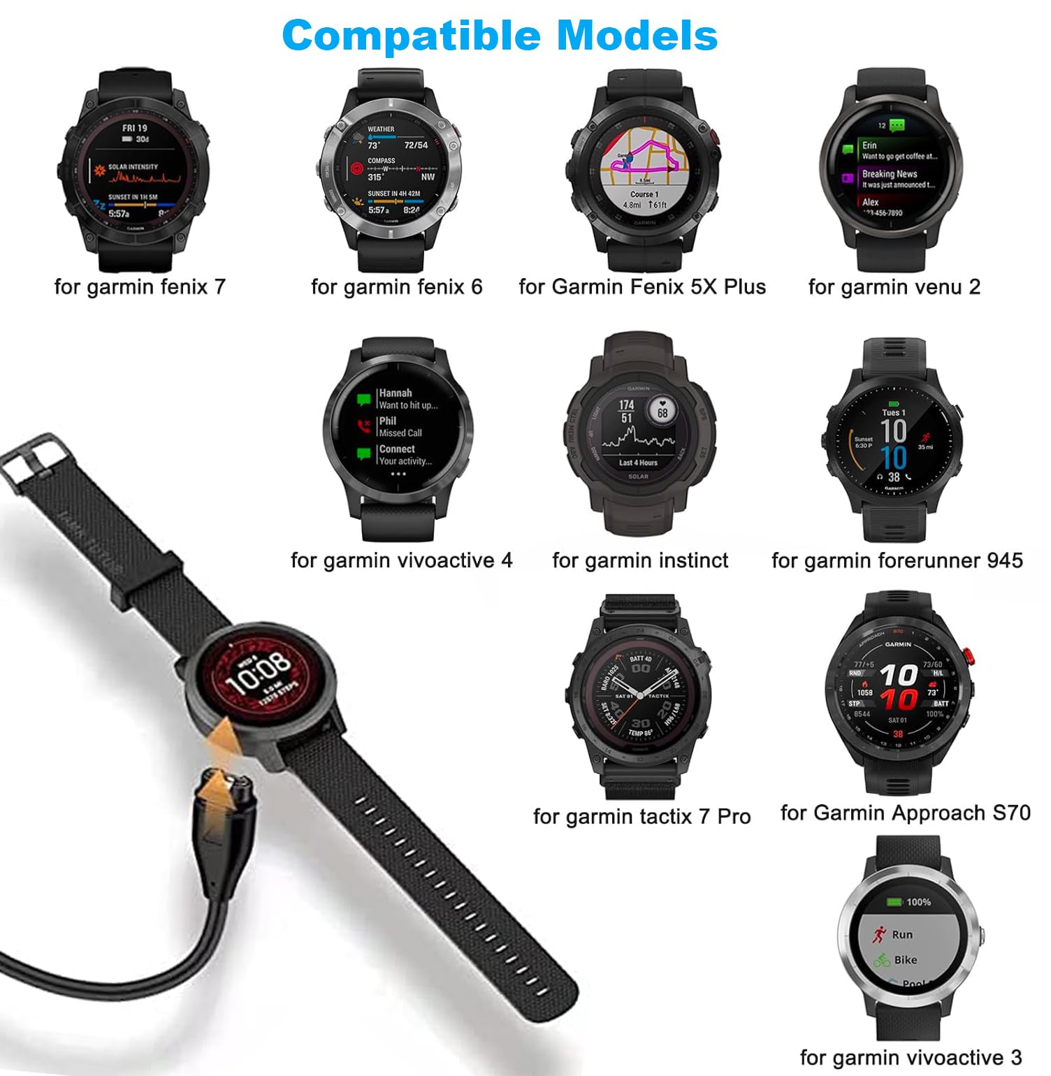 Chargeur Cable Compatible avec Garmin Venu/Venu 2/Venu 2S/Venu SQ 2/VenuSQ/Vivoactive 3, Garmin Fenix 6 6S 6X Pro, 5 5S 5X Plus, 7 7S 7X, 3.3ft Câble de Charge (Noir)
